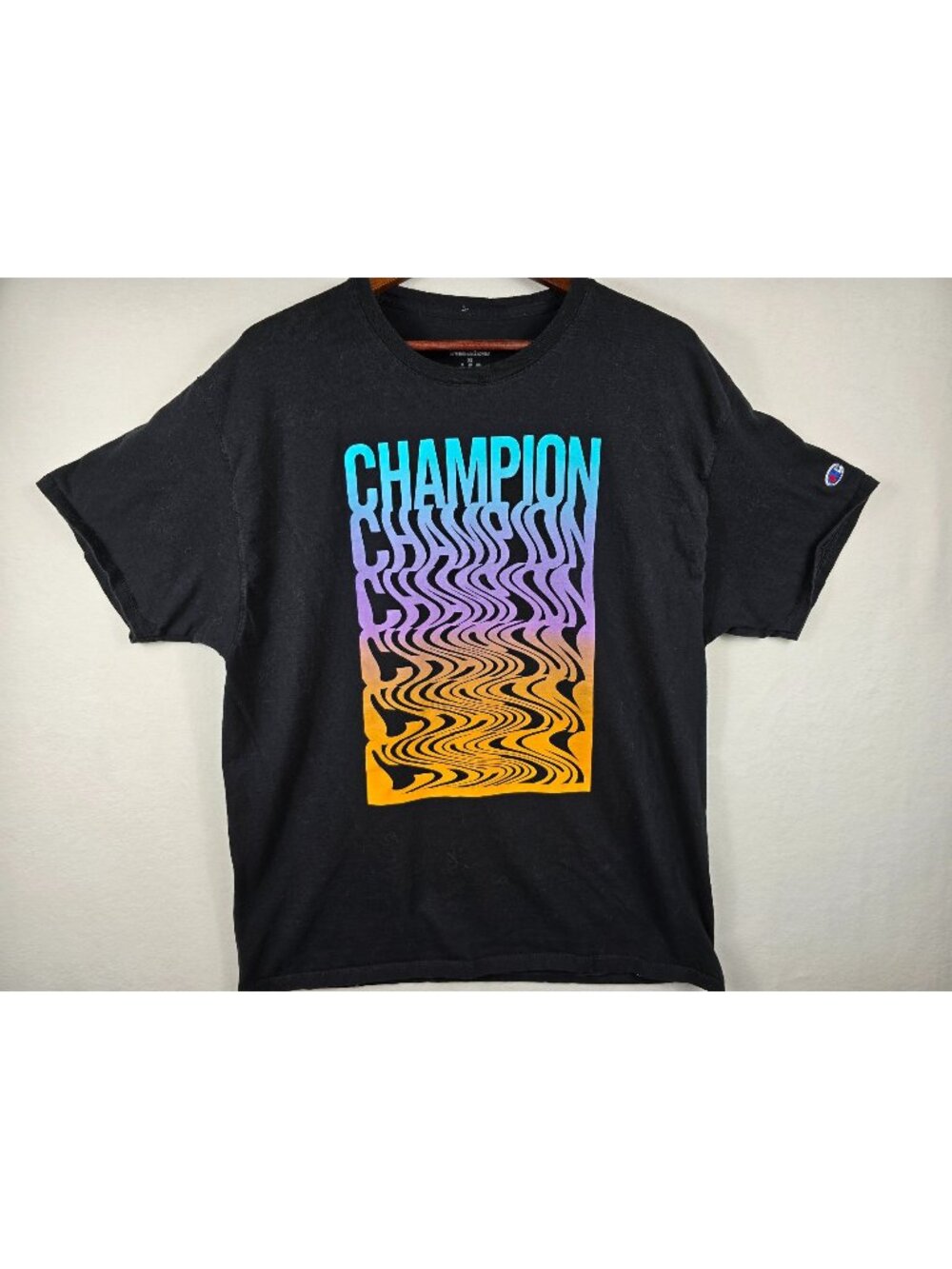 Champion Mens XL Black T-Shirt With Colorful Gradient Logo Design